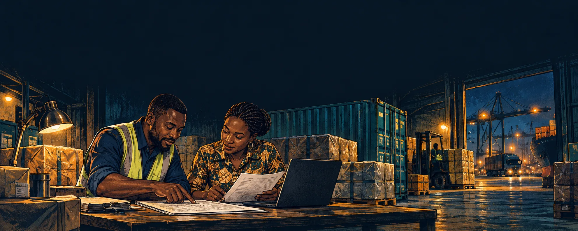 Two colleagues at a desk in a warehouse at night.