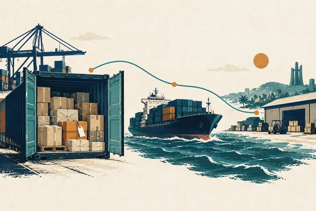 A container being loaded, the ship at sea, the arrival port in the distance.