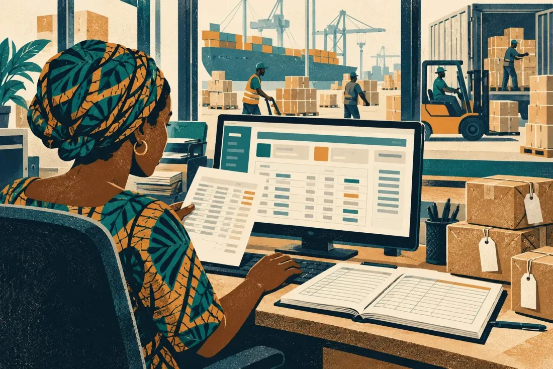 A cargo manager at her console, the port and the loading behind her.